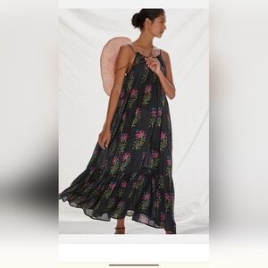 Anthropologie Black Maxi Dress with Pink Floral Design